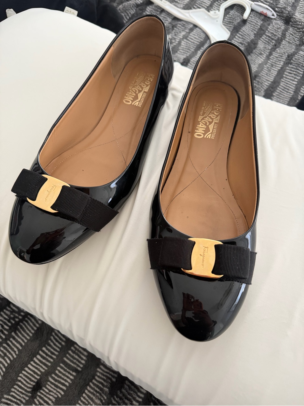 Salvatore Ferragamo Black Patent Leather Vara Bow Flats